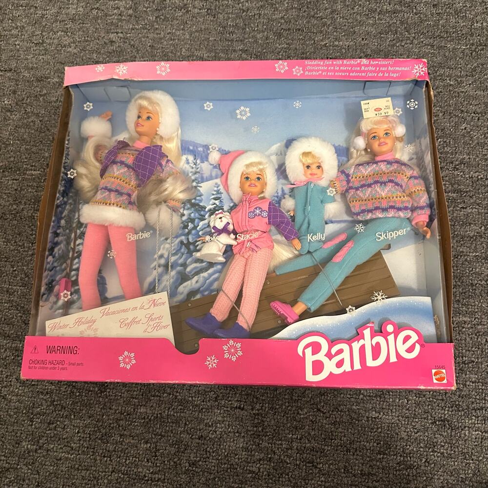 1995 Mattel Barbie Winter Holiday Sledding Fun Gift Set 4 Sisters Koko